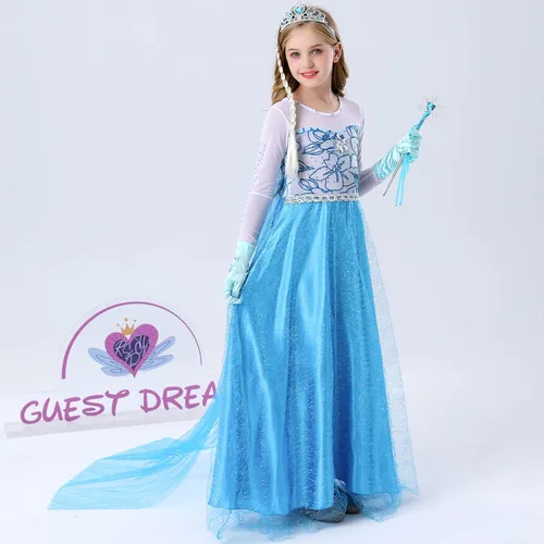 Vista 2 de guest dream Disfraz de princesa Elsa para niñas disfraz de princesa con accesorios para fiesta Halloween Navidad cosplay