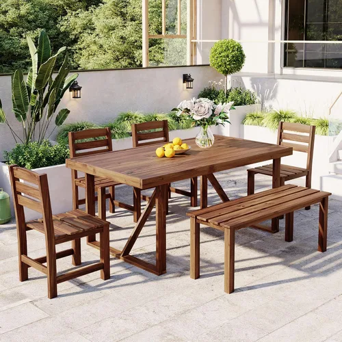 Vista 12 de RUNNA Juego de mesa de comedor de 6 piezas, juegos de muebles de exterior con agujero para paraguas, mesa rectangular de 71 pulgadas, sillas y banco