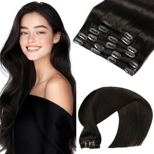 Vista 43 de VINBAO Extensiones de cabello humano con clip, balayage, color marrón ceniza a rubio caramelo, 14 pulgadas, 6 unidades, 3.53 onzas, 6