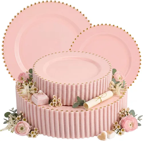 Vista 19 de EI - Juego de 60 platos de plástico color crema, cena de 10.25 pulgadas y platos florales de postre de 7.5 pulgadas, elegantes platos de plástico