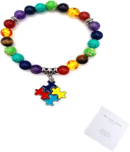 Vista 2 de Pulsera con cuentas de piedra natural de 7 chakras para concientización sobre el autismo, corazón y cinta cruzada, rompecabezas redondo, cordón