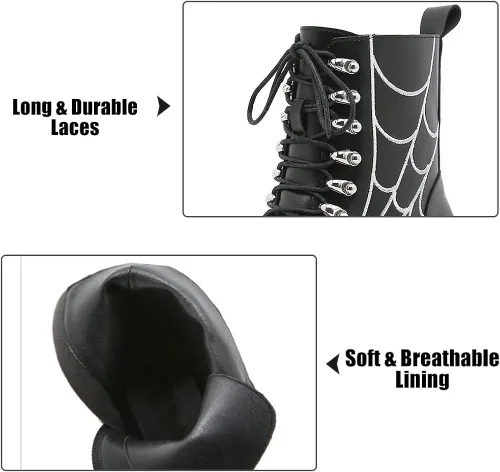 Vista 3 de mikarka Botas de plataforma de cadena para mujer, con cordones y cremallera, tacón grueso, botines de combate negros, botas de motocicleta
