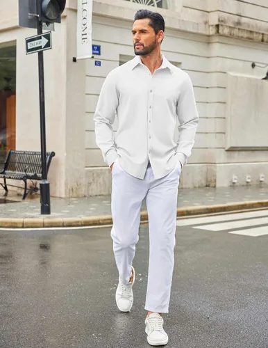 Vista 54 de COOFANDY Camisa de vestir casual de mezclilla con botones y manga larga para hombre
