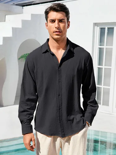 Vista 2 de Camisa de algodón y lino para hombre, con botones, color sólido, para verano, casual, playa, hawaiana