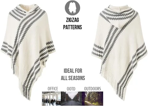 Vista 3 de Ferand Suéter poncho de punto con capucha y rayas en zigzag para mujer con flecos