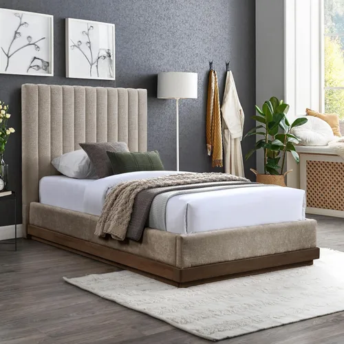 Vista 2 de Meridian Furniture B1245Beige-T Emmet Collection Modern Cama individual contemporánea con tela de felpilla beige suave, acabado de nogal, base