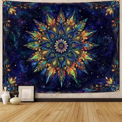 Vista 19 de Fowocu Tapiz bohemio con mandala floral para colgar en la pared, medallón de flores bohemias, tapiz estético, beige, naranja, hippie, indio, pequeño