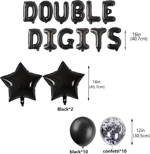 Vista 5 de Decoraciones de cumpleaños número 10 para niños, decoración negra de papel de aluminio de doble dígito, pancarta negra número 10 con globos