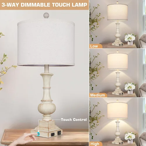 Vista 5 de 26" Farmhouse Table Lamp, Vintage Rustic Touch Control Bedside Lamp with 2 USB Ports & AC Outlet, Boho Resin 3-Way Dimmable Nightstand Lamp Linen