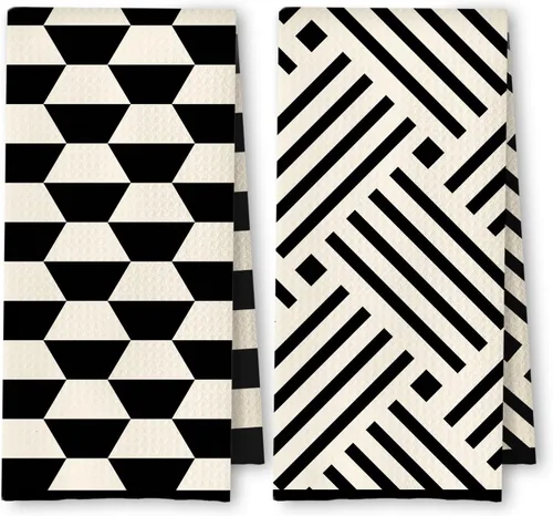 Vista 13 de Toallas de Cocina a Cuadros Neutros Bohemios, Toallas de Cocina y Té a Cuadros Beige y Negro para Decoración de Cocina, Toallas de Mano Retro