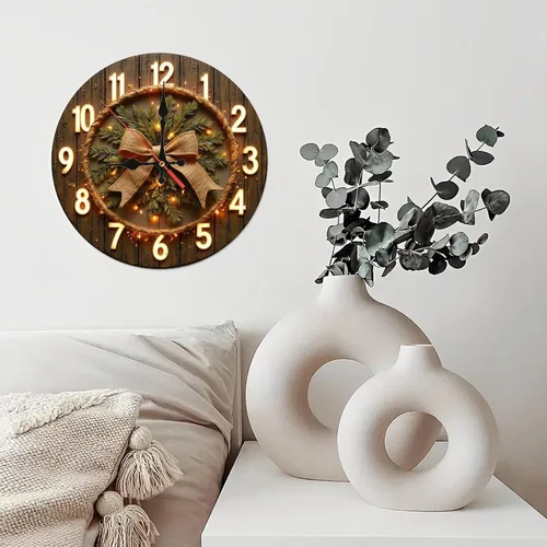 Vista 4 de Illuminated Bow & Pine Wreath Wooden Wall Clock 25x25cm