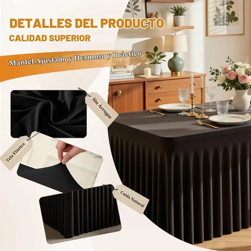 Vista 4 de Mantel rectangular de elastano negro, funda elástica ajustada para mesas rectangulares de 1,8 m, falda de mesa elástica sin arrugas para decoración