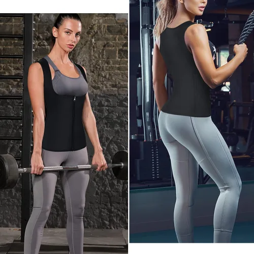 Vista 6 de LANCS Traje de sauna para mujer, entrenador de cintura para sudar, chaleco con cremallera, moldeador de cuerpo, corsé adelgazante, camiseta sin Negro
