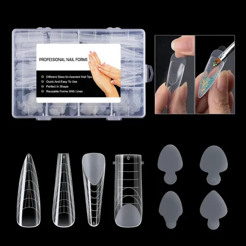 Vista 6 de 288 piezas de forma de uñas dobles con adhesivo de silicona francesa, kit de moldes de doble sistema reutilizable para uñas de línea francesa guías