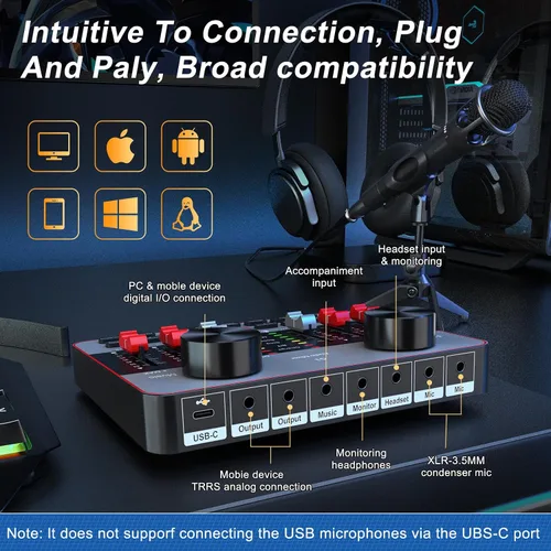 Vista 6 de Kit de Mezclador de Audio G1 para Transmisión en Vivo, Tarjeta de Sonido en Vivo para Transmisión, Interfaz de Audio Mezclador DJ Tarjeta