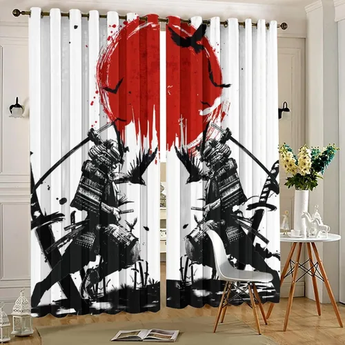 Vista 5 de Cortinas opacas samuráis japonesas para dormitorio, tinta de acuarela, espada samurái, estampado de sol rojo, ojales, aislamiento térmico, cortinas