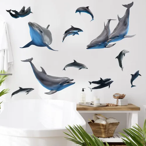 Vista 7 de Calcomanías de pared de delfín nariz de botella extraíbles 3D, calcomanías de pared de delfín para despegar y pegar, decoración de pared de delfines