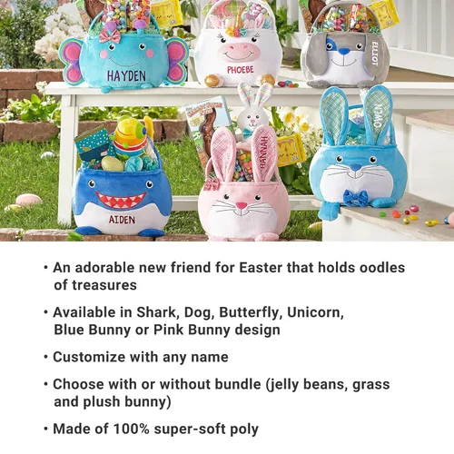 Vista 6 de Let's Make Memories - Canasta de Pascua personalizada con amigos peludos, canasta para niños, diseño de conejito de Pascua azul, solo incluye