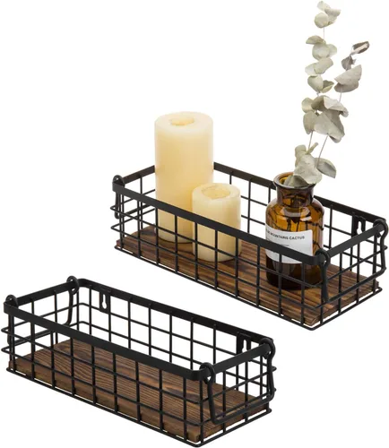 Vista 8 de MyGift 2 cestas de almacenamiento de metal geométrico negro montado en la pared con base rústica de madera quemada maciza, cubos pequeños