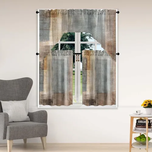 Vista 8 de Blue & Swag - Juego de 3 cortinas para ventana de cocina, cenefa de arte abstracto gris con bolsillo para barra para cocinas modernas