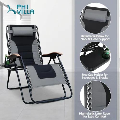 Vista 5 de PHI VILLA Silla XL de gravedad cero de gran tamaño, acolchada, reclinable, de gran tamaño, con soporte para tazas, soporta 350 libras (gris)