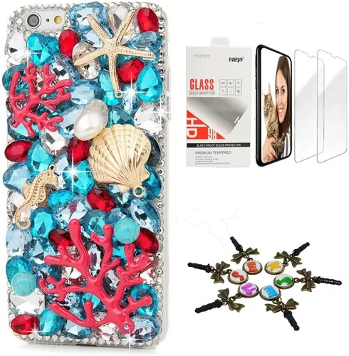 Vista 15 de Bling Funda compatible con iPhone 5C, elegante, hecha a mano en 3D [serie brillante], diseño de hipocampo coral con protector de pantalla, paquete