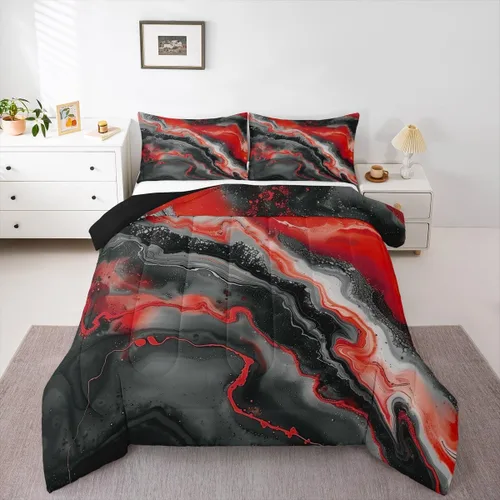 Vista 22 de Feelyou Juego de edredón abstracto para todas las estaciones, juego de ropa de cama negro y azul con 1 funda de almohada con estampado de mármol