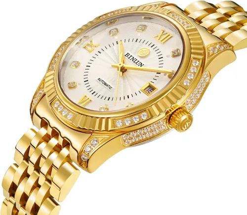Vista 28 de BINLUN Reloj de pulsera para hombre, mecánico automático, reloj dorado con cuerda automática, elegante, chapado en oro de 18 quilates, relojes