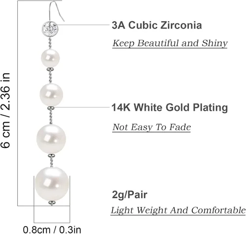Vista 2 de Aretes largos de perlas para mujer, chapados en oro de 14 quilates, hipoalergénicos, elegantes aretes de borla de perlas doradas para niñas, Oro