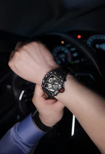 Vista 2 de TSAR BOMBA Reloj para hombre, reloj automático impermeable de 164.0 ft, esqueleto mecánico Tonneau con esfera de cara grande, reloj negro
