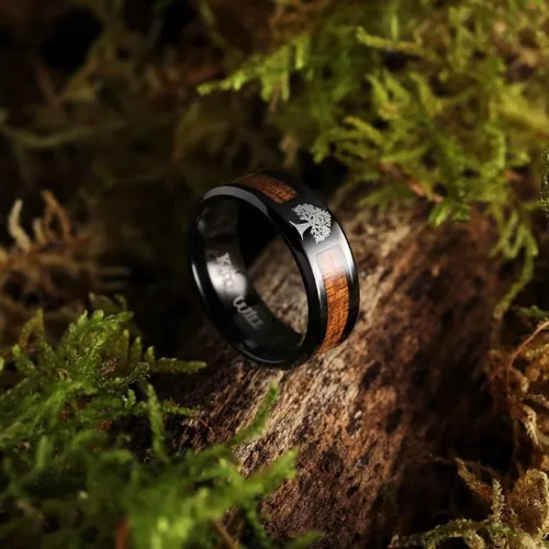 Vista 2 de King Will Anillo de titanio negro de 0.315 pulgadas con incrustaciones de ópaloárbol láser, anillo de boda de buceador de alto pulido para mujeres