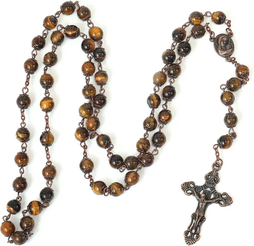 Vista 5 de Nazareth Store Collar de rosario con cuentas de piedra natural, 0.315 in, diseño de cobre antiguo, medalla de suelo sagrado y cruz en bolsa