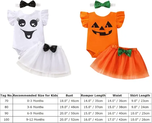 Vista 7 de IMEKIS Mameluco de Halloween para bebé, disfraz de calabaza fantasma, falda tutú, diadema, cumpleaños, sesión de fotos