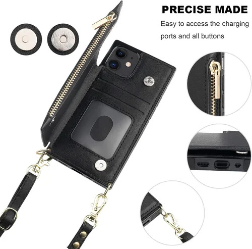 Vista 6 de Bocasal Funda tipo cartera cruzada para iPhone 12 Mini con tarjetero, protector de ranura para tarjetas con cremallera, a prueba de golpes, con Negro