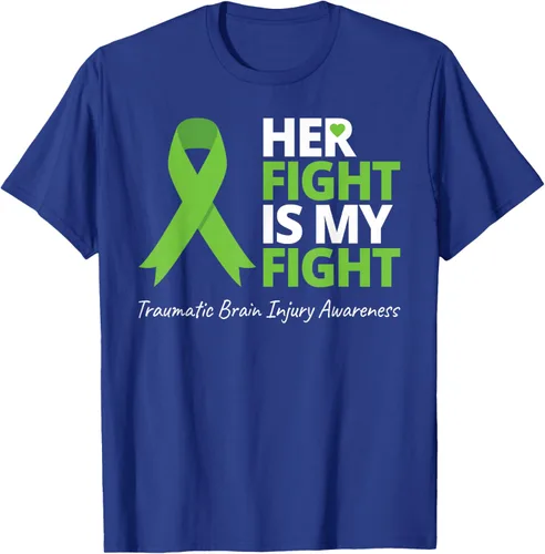 Vista 18 de Camiseta con cinta verde de la conciencia de la TBI, con texto en inglés "Her Fight Is My Fight" Jaspeado Oscuro