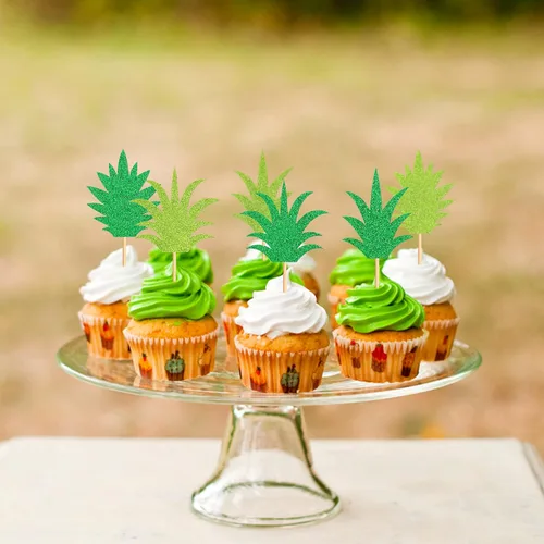Vista 4 de Ercadio Paquete de 24 adornos para cupcakes de piña, color verde, con purpurina, dona, piña, cupcakes, hawaiano, tropical, divertido, tema de piña