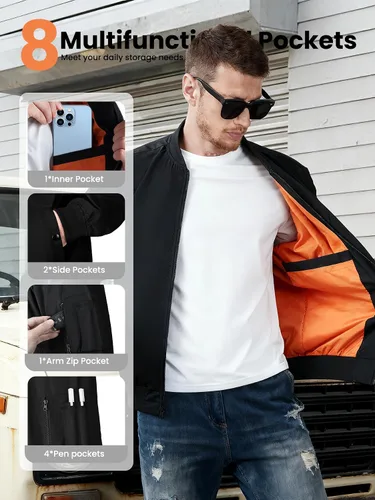 Vista 5 de Chaqueta bomber ligera para hombre, cortavientos, resistente al agua y transpirable con 4 bolsillos