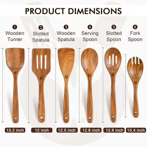 Vista 3 de Cucharas de madera para cocinar, 6 piezas, juego natural de utensilios de cocina de madera de teca, juego de utensilios de cocina con mango largo