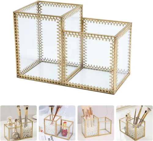 Vista 6 de ULTECHNOVO Two-compartment Glass Makeup Brush Holder Cosmetic Storage Organizer with Lace Design for Vanity Desk and Jewelry Display