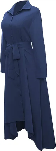 Vista 20 de VERWIN Vestido largo de manga larga para mujer, holgado, elegante, con botones, con bolsillos y cinturones