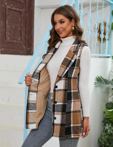 Vista 4 de Soamat Chaleco a cuadros sin mangas para mujer, chaqueta con botones y cuello de solapa