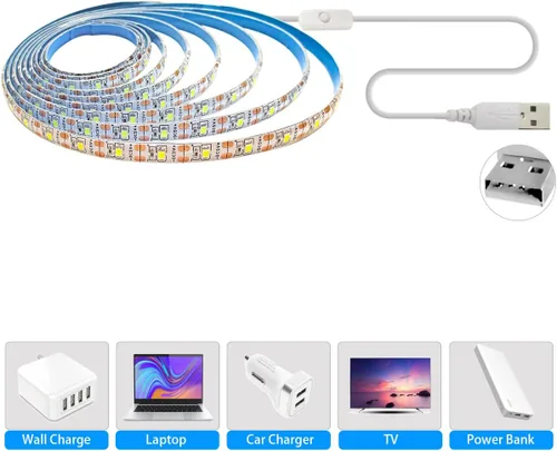 Vista 4 de Tira de luces LED USB de 5 V, color blanco, 6000 K, 9.84 pies, SMD 2835 IP65, impermeable, 180 LED, tira de luz Plug and Play con interruptor