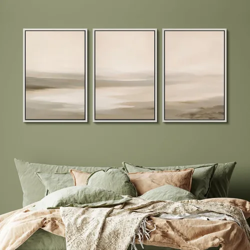 Vista 401 de SIGNFORD - Set de obras de arte en lienzo enmarcado para pared, ilustraciones abstractas de neblina del desierto en tonos neutros beige y marrón