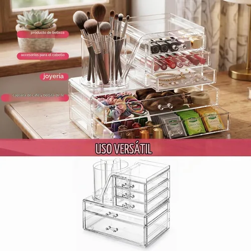 Vista 7 de ShineMe Organizador de maquillaje acrílico, organizador de cosméticos apilable de 2 niveles para tocador con soporte giratorio de 360° para brochas