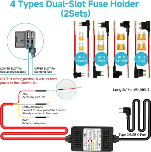 Vista 3 de Kit de cable duro para cámara de salpicadero, kit de cable duro para cámara tipo C de 3 conductores, kit de cable duro USB-C de 12V-24V a 5V