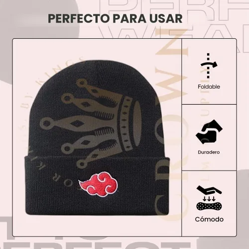 Vista 3 de Gorro de invierno de anime para hombres y mujeres, gorro de punto con puños, cómodo y suave, bordado de anime Negro
