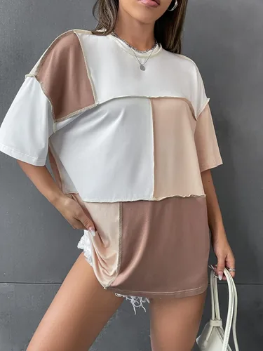 Vista 3 de Floerns Camiseta holgada de manga corta con cuello redondo y costuras de bloque de color para mujer