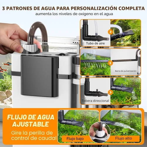 Vista 3 de Hygger - Filtro de acuario silencioso colgante en la parte trasera de 5-30 galones, filtro de cartucho para pecera pequeña con espuma de skimmer