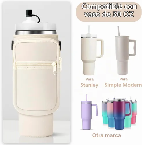 Vista 2 de AceTreker Bolsa de transporte para botella de agua con correa para vaso Stanley de 40/30 onzas, funda aislante de neopreno con bolsillo para 01-Crema