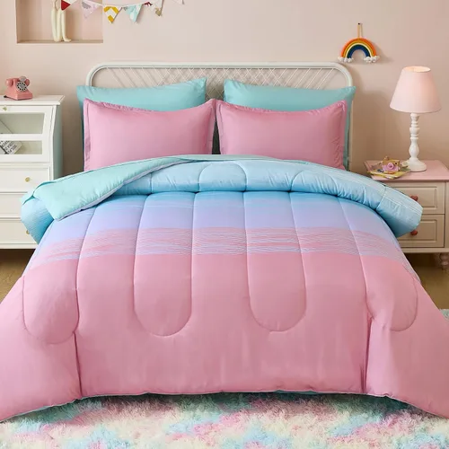 Vista 8 de Dinjoy Juego de edredón de 6 piezas para niñas, juego de ropa de cama colorido de arcoíris degradado tamaño individual, cama en una bolsa para niños